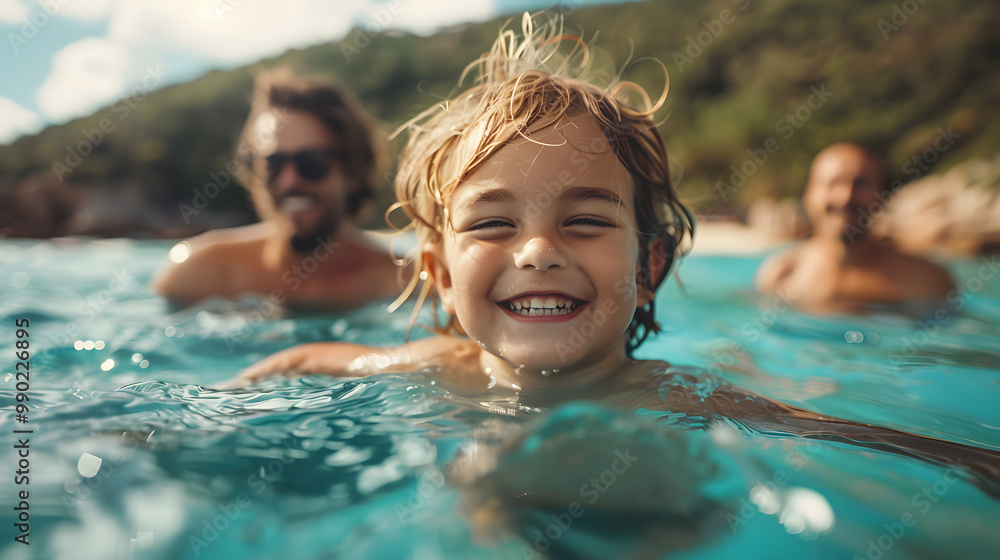 Happy family with little son enjoying time in sea in exotic country Happy family with little son enjoying time in sea in exotic country