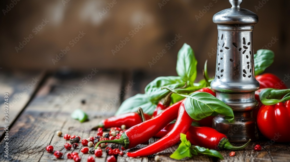 Red Chili Peppers, Basil, and Tomatoes on a Wooden Table Red Chili Peppers, Basil, and Tomatoes on a Wooden Table