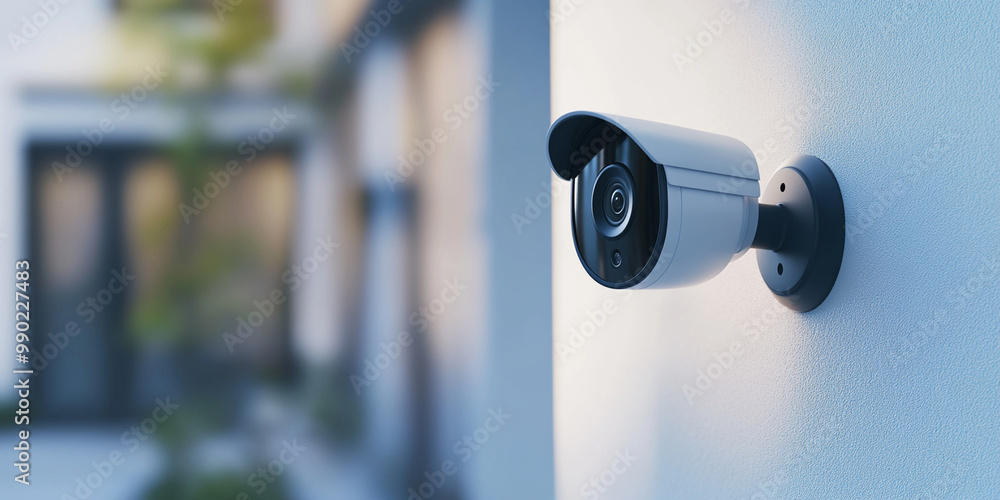 modern CCTV camera mounted on wall, showcasing sleek design and minimalistic style. This security device enhances home safety and surveillance with its advanced features modern CCTV camera mounted on wall, showcasing sleek design and minimalistic style. This security device enhances home safety and surveillance with its advanced features