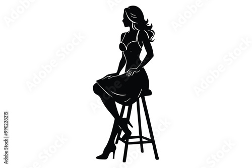 Female Model Silhouette Sitting on High Stool in Dress, Elegant Pose Silhouette, Fashion Illustration, Vector Silhouette photo