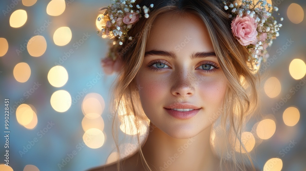 Portrait of a Beautiful Woman with Flowers in Her Hair Portrait of a Beautiful Woman with Flowers in Her Hair