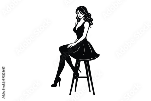 Female Model Sitting on High Stool in Dress Silhouette, Elegant Woman Pose, Fashion Silhouette, Artistic Figure photo