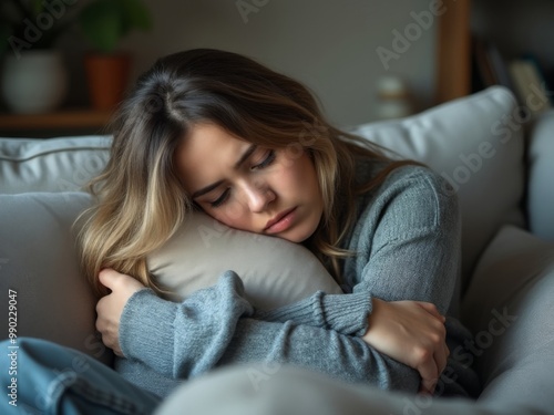 Peaceful young woman hugging a pillow while resting on a couch in a cozy home, conveying relaxation and comfort in a tranquil environment with soft lighting