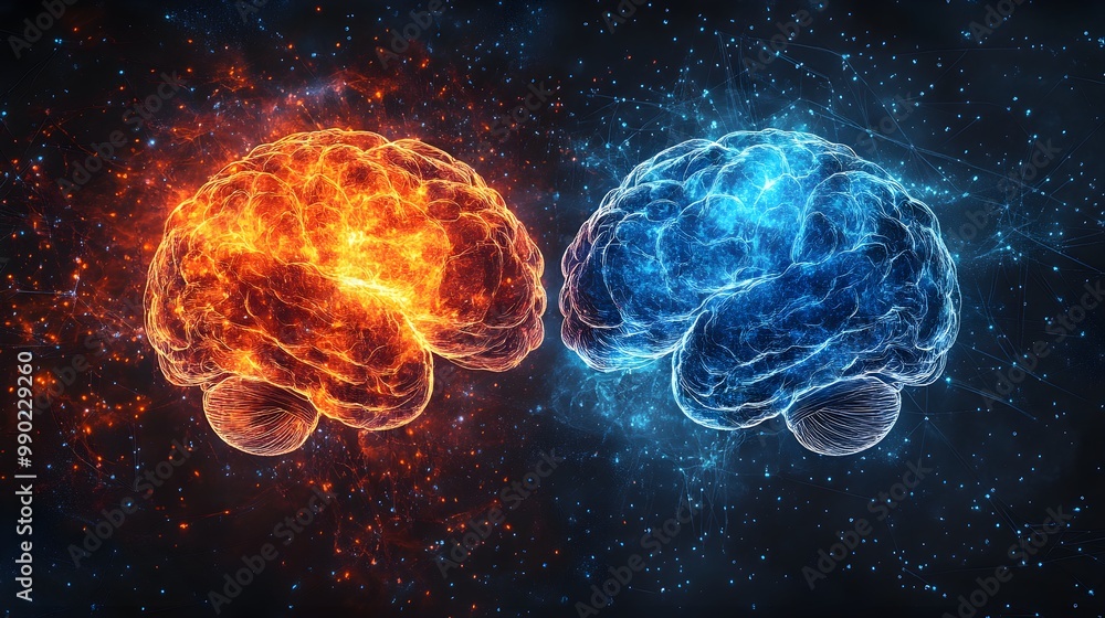 Two human brains with opposing colors--one vibrant and fiery, the other cool and calming, connected by a web of glowing neural fibers, symbolizing neuroplasticity Two human brains with opposing colors--one vibrant and fiery, the other cool and calming, connected by a web of glowing neural fibers, symbolizing neuroplasticity