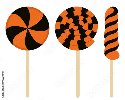 Set of flat illustration of Halloween cakesicles, icecreams isolated on transparent background. Halloween candies and sweets for the holiday. Trick or treat. Vector illustration