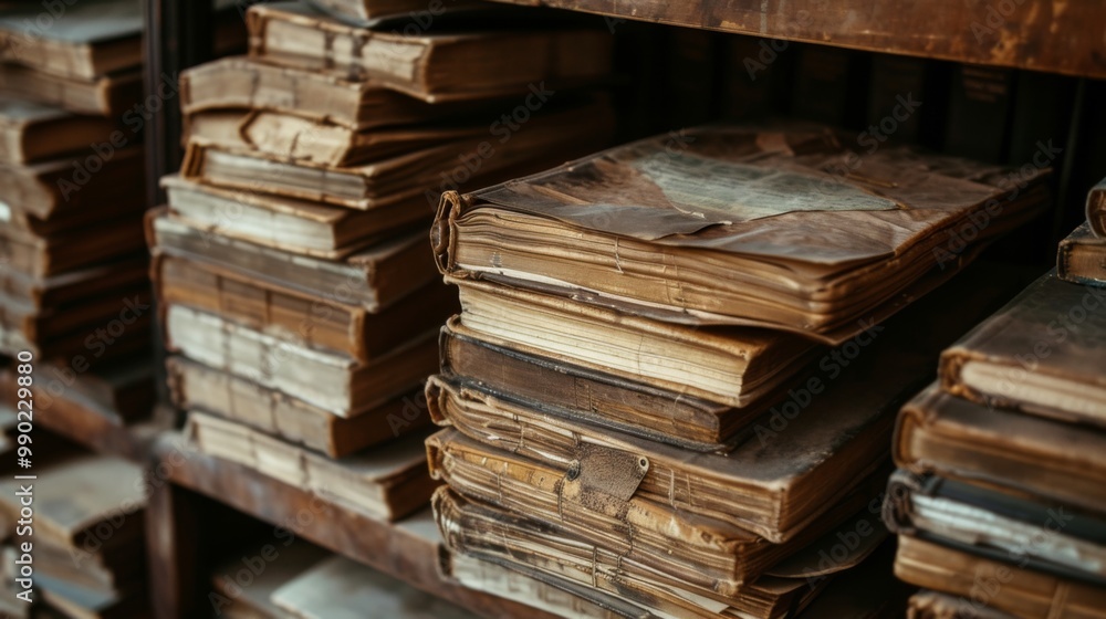 Fototapeta premium Vintage Books Stacked on a Bookshelf - A Glimpse into History