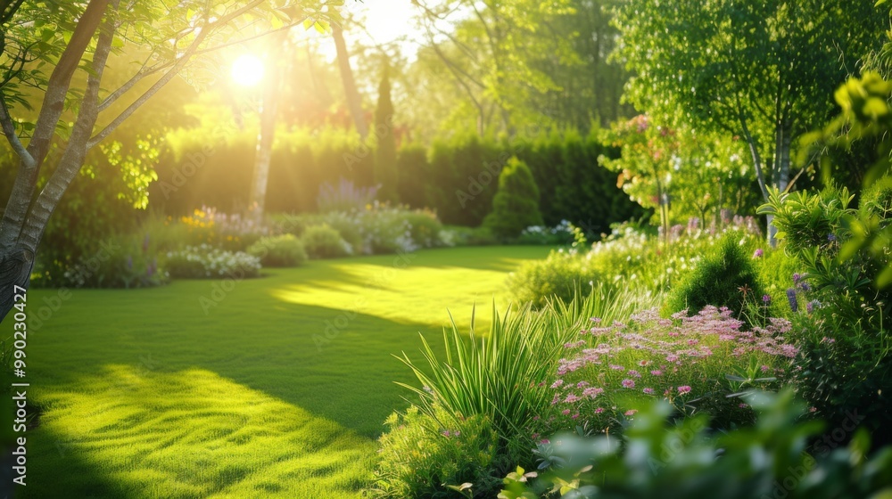 Fototapeta premium Serene Summer Garden Landscape with Lush Greenery and Blooming Flowers