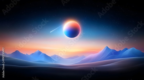 A stunning surreal landscape featuring a colorful celestial body above majestic mountains at twilight, evoking wonder and tranquility.