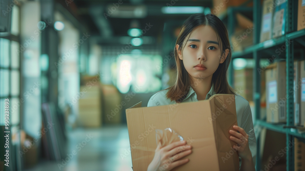 Unemployment quitting job, desperate asian young business woman send resignation letter to boss, resigning from company, holdin belongs, pack stuff in box, layoff or leaving, changing work employment Unemployment quitting job, desperate asian young business woman send resignation letter to boss, resigning from company, holdin belongs, pack stuff in box, layoff or leaving, changing work employment