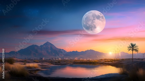 A serene landscape featuring a vibrant sunset, mountain silhouette, full moon, and palm trees reflecting on tranquil waters. photo