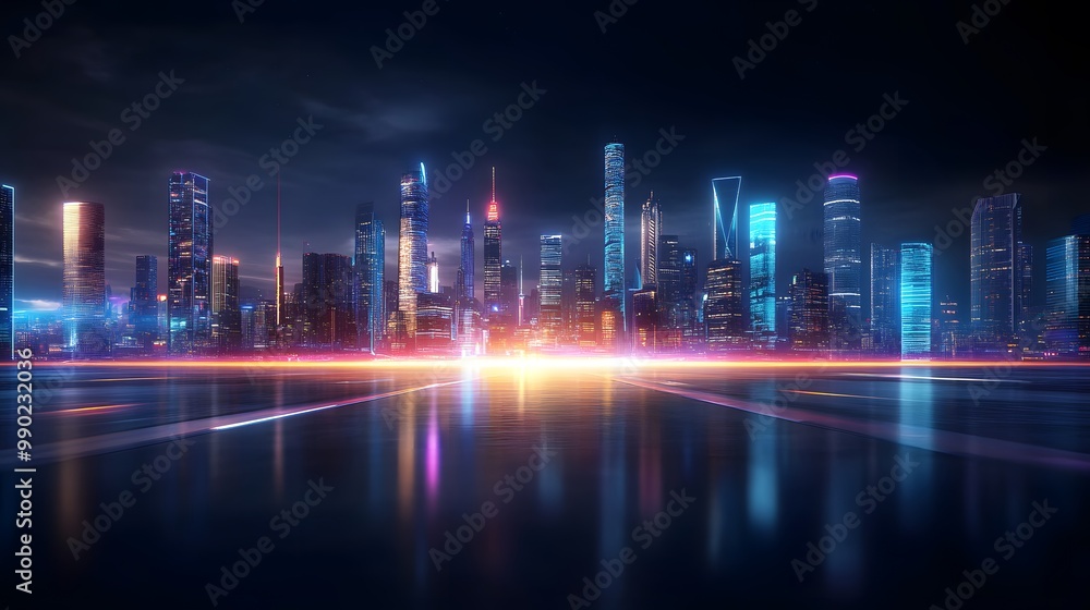 A vibrant city skyline illuminated by colorful lights reflecting on a tranquil surface at night, creating a dynamic urban atmosphere. A vibrant city skyline illuminated by colorful lights reflecting on a tranquil surface at night, creating a dynamic urban atmosphere.