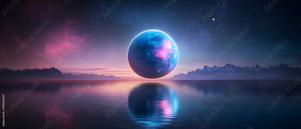 A stunning cosmic scene featuring a luminous planet reflecting over tranquil waters at twilight, surrounded by celestial beauty. A stunning cosmic scene featuring a luminous planet reflecting over tranquil waters at twilight, surrounded by celestial beauty.