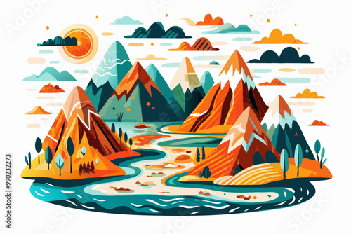 Vibrant Illustrated Landscape with Mountains, River, and Sunrise