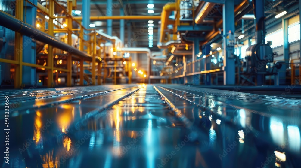 Fototapeta premium A low angle view of a factory floor with pipes and machinery. The floor is wet and reflects the lights overhead.
