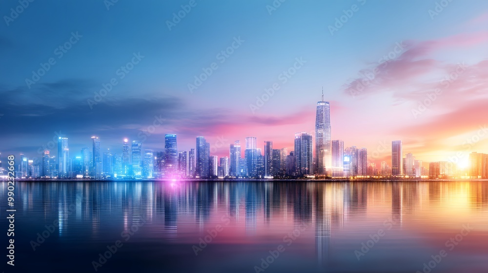 Stunning skyline at sunset, reflecting vibrant colors on water, showcasing urban architecture and modern city life. Stunning skyline at sunset, reflecting vibrant colors on water, showcasing urban architecture and modern city life.