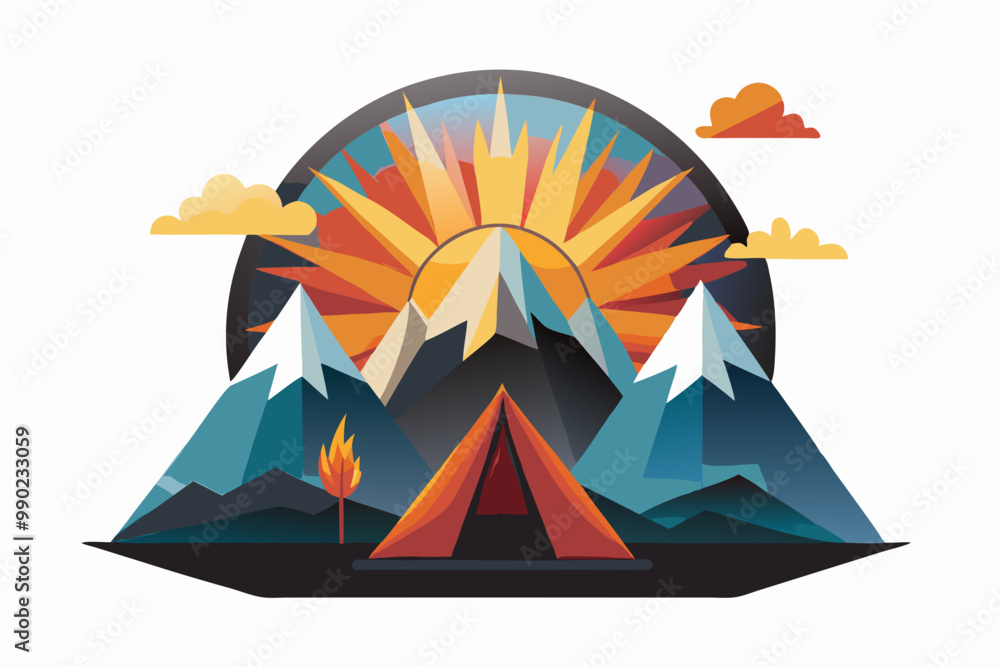 Majestic Mountain Sunrise Campsite Vector Illustration Majestic Mountain Sunrise Campsite Vector Illustration