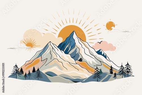 Serene Mountain Sunrise Landscape Illustration