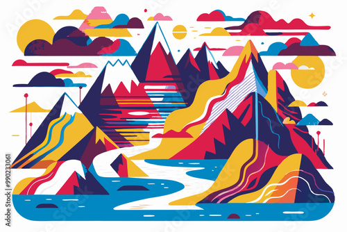 Vibrant Abstract Landscape with Mountains, River, and Sunset