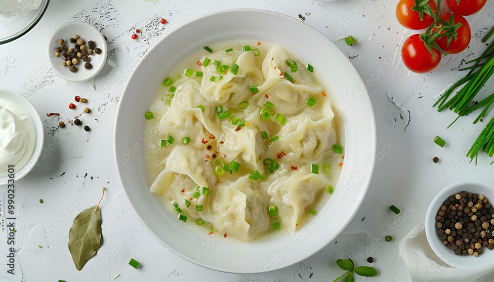 Dumplings boiled in chicken broth and sprinkled with green onions on a white plate. Cherry tomatoes, peppercorns and bay leaves on a light table. Sour cream in a white bowl in the background. Top view Dumplings boiled in chicken broth and sprinkled with green onions on a white plate. Cherry tomatoes, peppercorns and bay leaves on a light table. Sour cream in a white bowl in the background. Top view