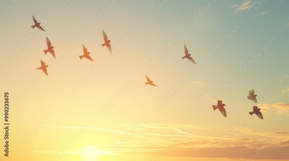 Obraz premium Birds in Flight at Sunset: A Serene Sky Scene