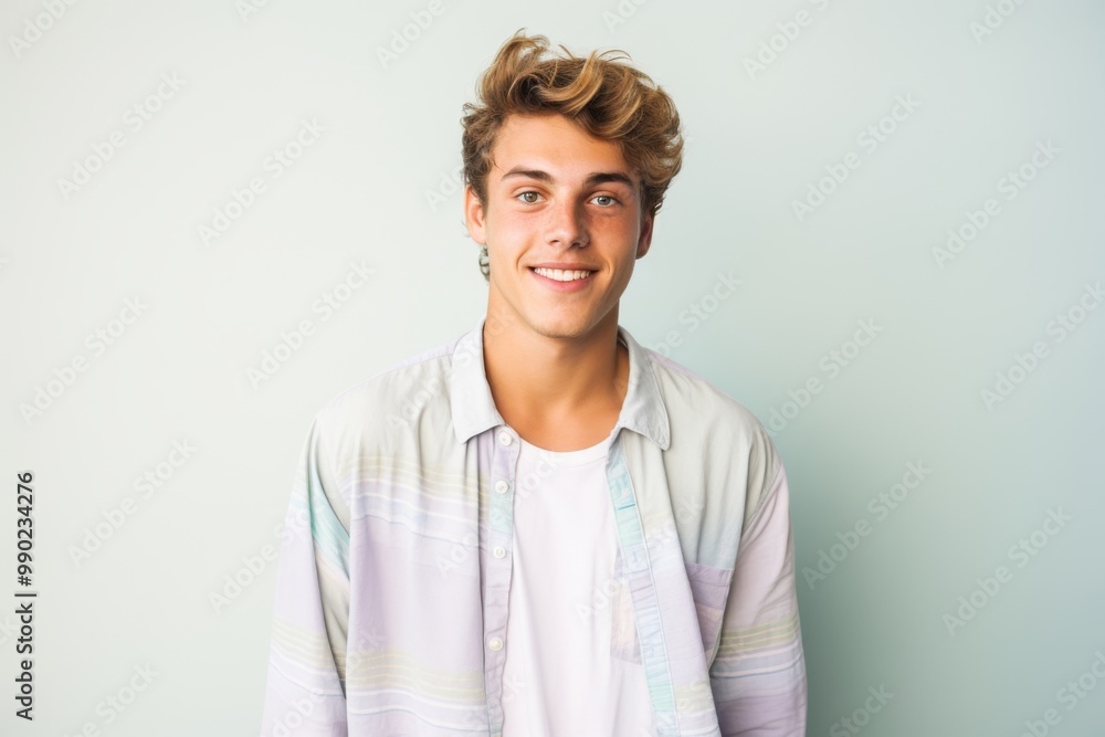 A young man with a smile on his face is wearing a white shirt A young man with a smile on his face is wearing a white shirt