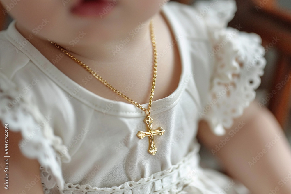 Close-up of a baby's neck wearing a delicate gold cross necklace jewelry accessory. Religion, spiritual faith, belief elegance, and simplicity
Close-up of a baby's neck wearing a delicate gold cross necklace jewelry accessory. Religion, spiritual faith, belief elegance, and simplicity