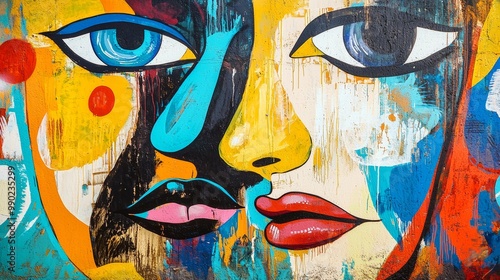 Graffiti wall with large faces and exaggerated expressions, bold colors and textured backgrounds