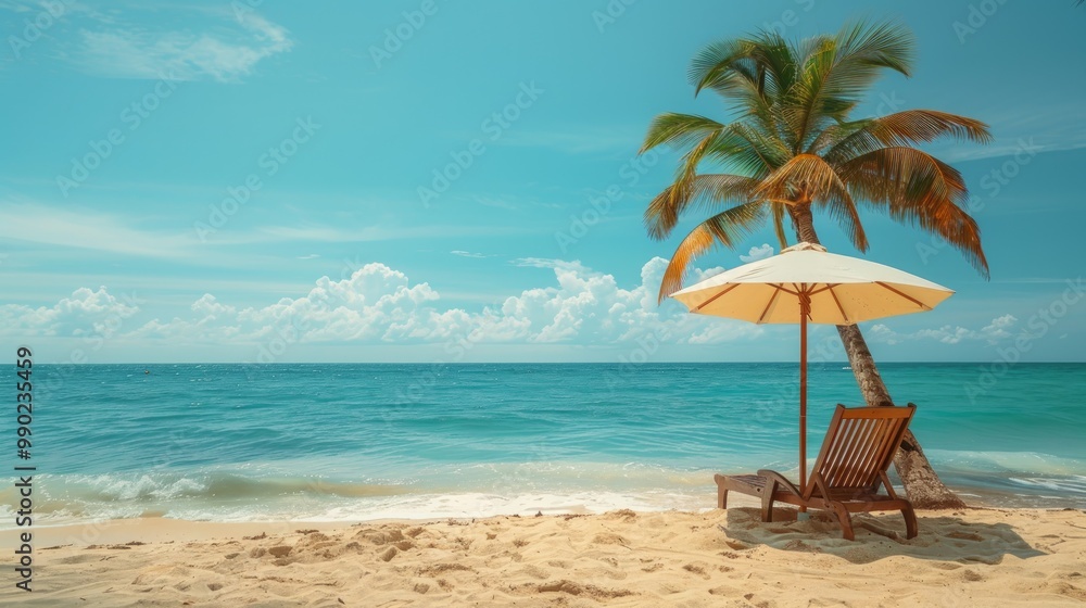 Beautiful outdoor view with umbrella and chair on the beach and sea with coconut palm tree for vacation and travel Beautiful outdoor view with umbrella and chair on the beach and sea with coconut palm tree for vacation and travel