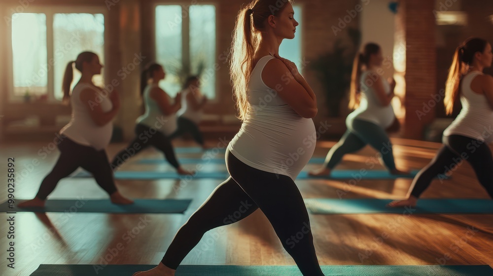 group of pregnant women doing yoga in studio, group yoga class group of pregnant women doing yoga in studio, group yoga class