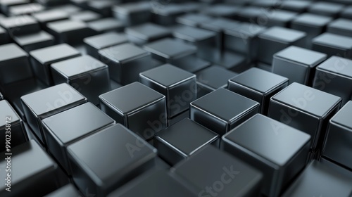 Grey, Glossy Cubes Neatly Aligned to create a Innovative Tech Wallpaper. 3D Render.