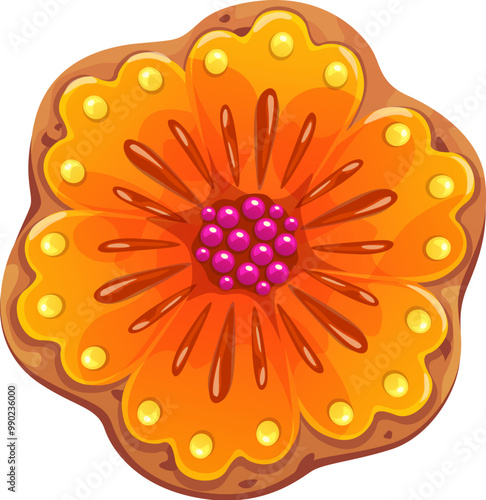Mexican Dead Day biscuit cookie marigold flower for Dia de Los Muertos holiday, vector cartoon cake. Mexican religious holiday candy cookie of marigold flower from altar of Dia de Los Muertos
