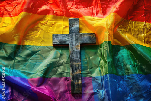 Rainbow LGBTQ gay flag as a symbol of tolerance and reformation in a church. Religion cross belief faith and LGBT flag on background, christianity and homosexuality freedom pride