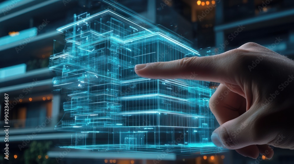 Fototapeta premium Hand pointing at digital virtual reality modern commercial building hologram. Real estate for investment building technology concept.