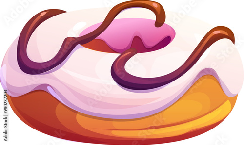 Cartoon dessert game donut, fast food treat. Isolated vector luscious doughnut drizzled with chocolate icing. Bakery, confection or pastry combines rich cocoa flavor with a sweet, decadent topping