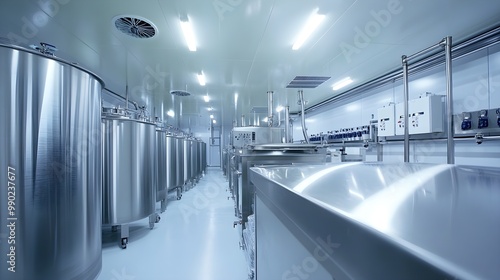 A stainless steel tank in a food processing plant with hygienic design features