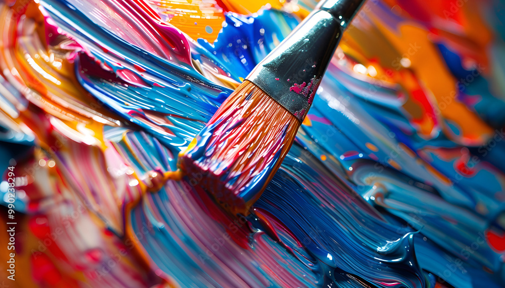 Abstract colorful paint and brush, closeup view Abstract colorful paint and brush, closeup view