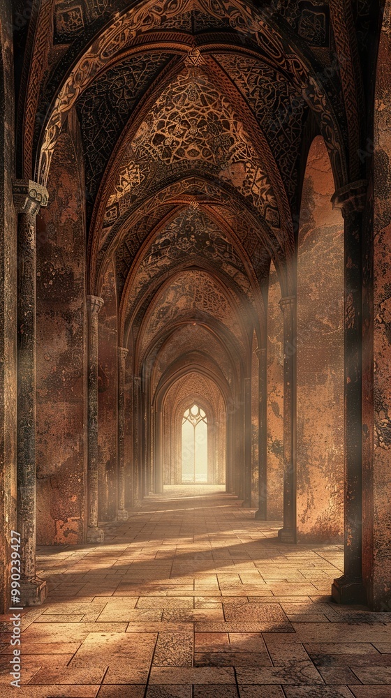 Fototapeta premium Ancient Stone Hallway with Ornate Arches and Sunlight