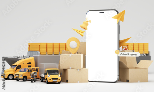 A modern logistics and online shopping concept featuring cargo ships trucks vans scooters and packages integrated with smartphone technology for efficient delivery services 3d rendering