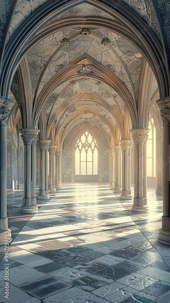 Obraz premium Gothic Cathedral Interior with Stone Pillars and Vaulted Ceiling