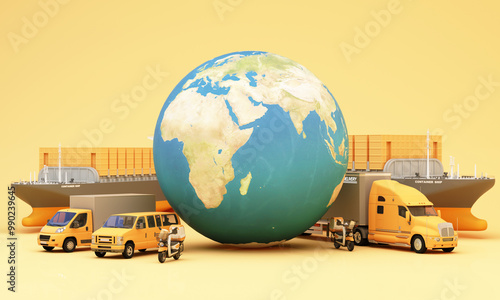 A global logistics and delivery concept featuring cargo ships trucks vans scooters and a globe showcasing efficient worldwide transportation and supply chain solutions 3d rendering photo