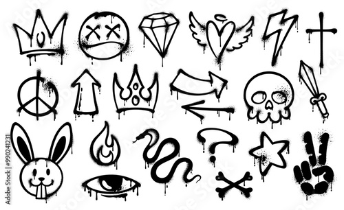 Grunge ink graffiti spray paint icons. Vector set of black urban and street culture elements. Snake, skull, crown and rabbit head, lightning bolt, question mark and winged heart. Eye, diamond, cross