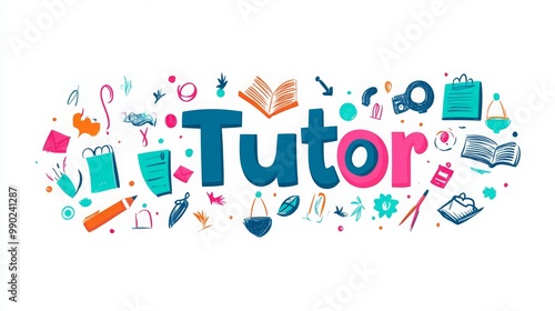 "Tutor" word isolated on white background with icons representing education. 