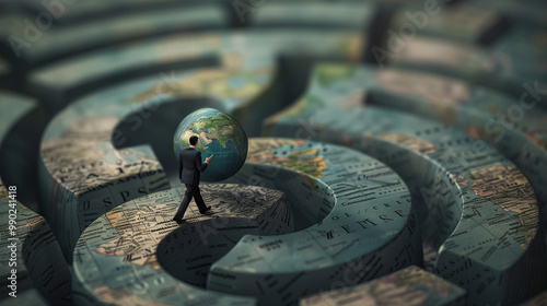 Businessman navigating a labyrinth with a globe, symbolizing global economic complexities
