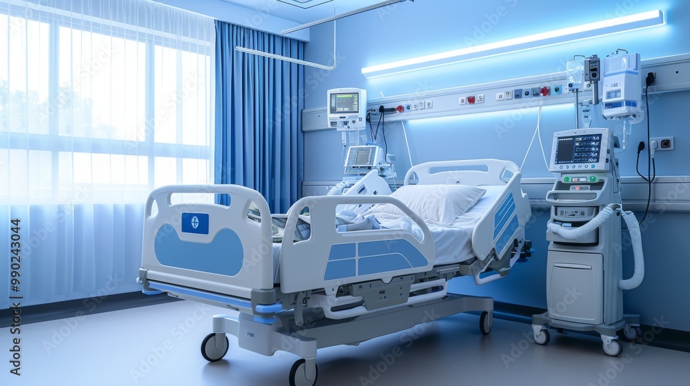 Hospital Room Interior with Medical Equipment and Patient Bed Hospital Room Interior with Medical Equipment and Patient Bed