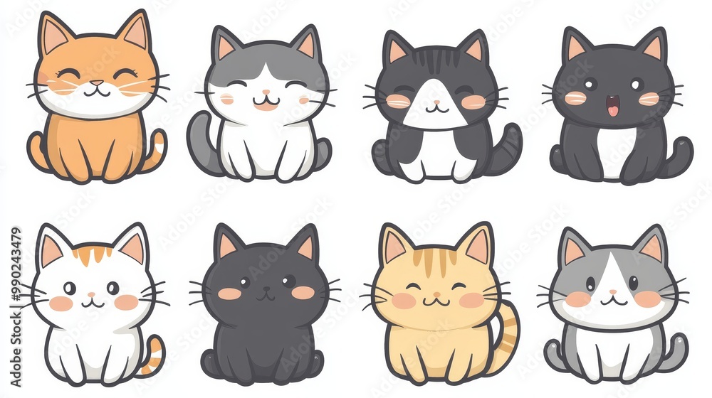 Cute cartoon cats in different colors and expressions playfully arranged in rows Cute cartoon cats in different colors and expressions playfully arranged in rows