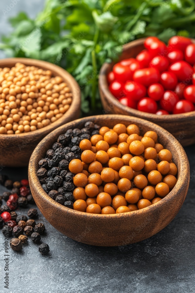 Three wooden bowls hold an assortment of spices, including mustard seeds and black pepper, alongside vibrant cherry tomatoes, with fresh herbs adding a touch of green Three wooden bowls hold an assortment of spices, including mustard seeds and black pepper, alongside vibrant cherry tomatoes, with fresh herbs adding a touch of green