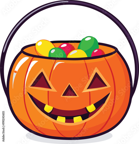 Scary pumpkin basket to collect candy on Halloween day, Concept for Halloween holiday