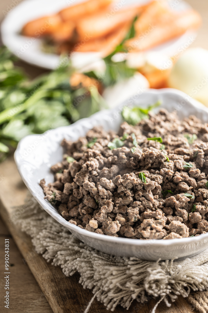 Boiled gnocchi from chicken or beef liver prepared in beef broth Boiled gnocchi from chicken or beef liver prepared in beef broth