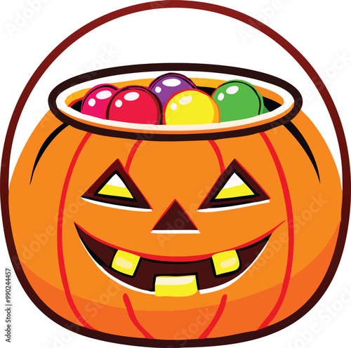 Scary pumpkin basket to collect candy on Halloween day, Concept for Halloween holiday