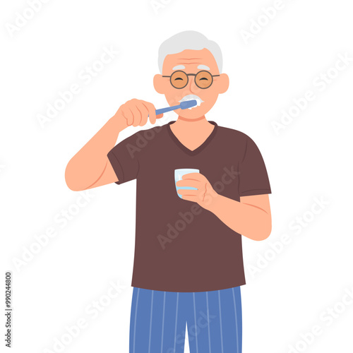 Old man brushing teeth. Male character uses toothbrush. Grandfather monitors oral hygiene.Vector illustration